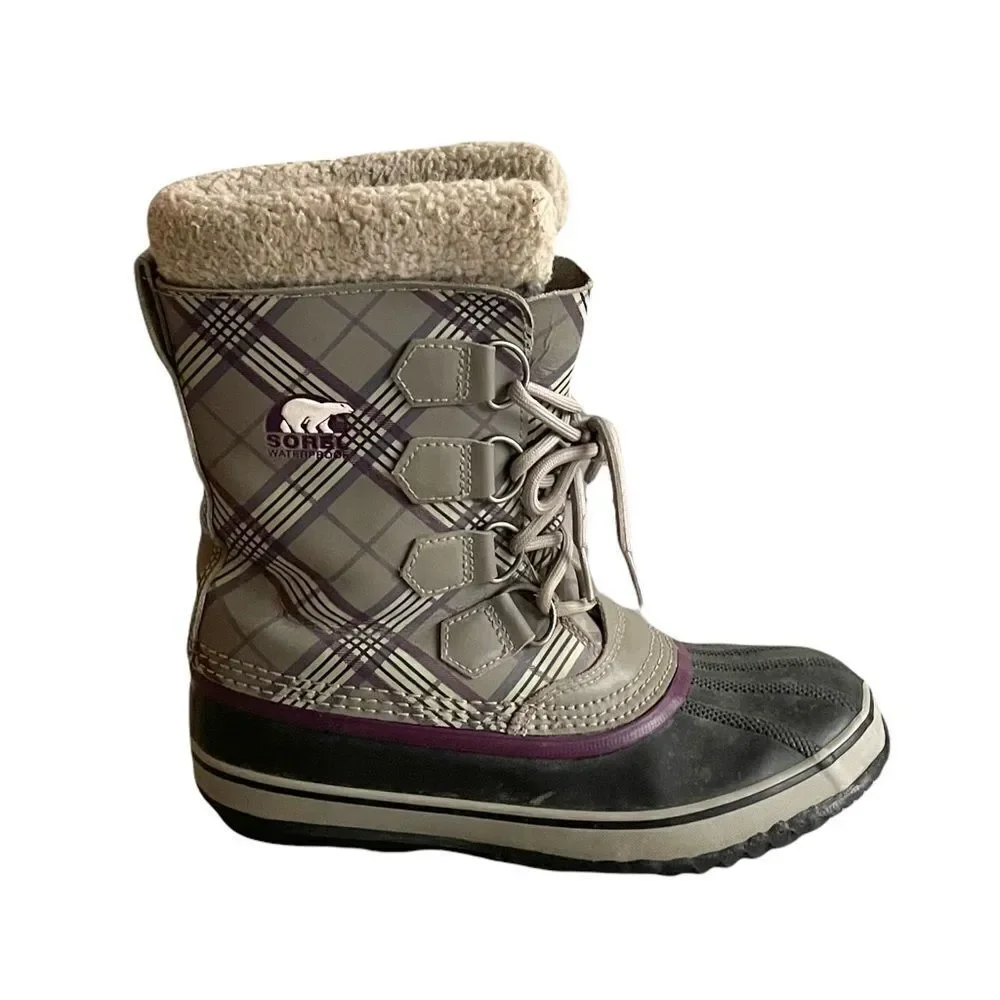 SOREL 1964 PAC Women’s Lace Up Winter Waterproof Snow Boots Grey Purple Plaid 7
